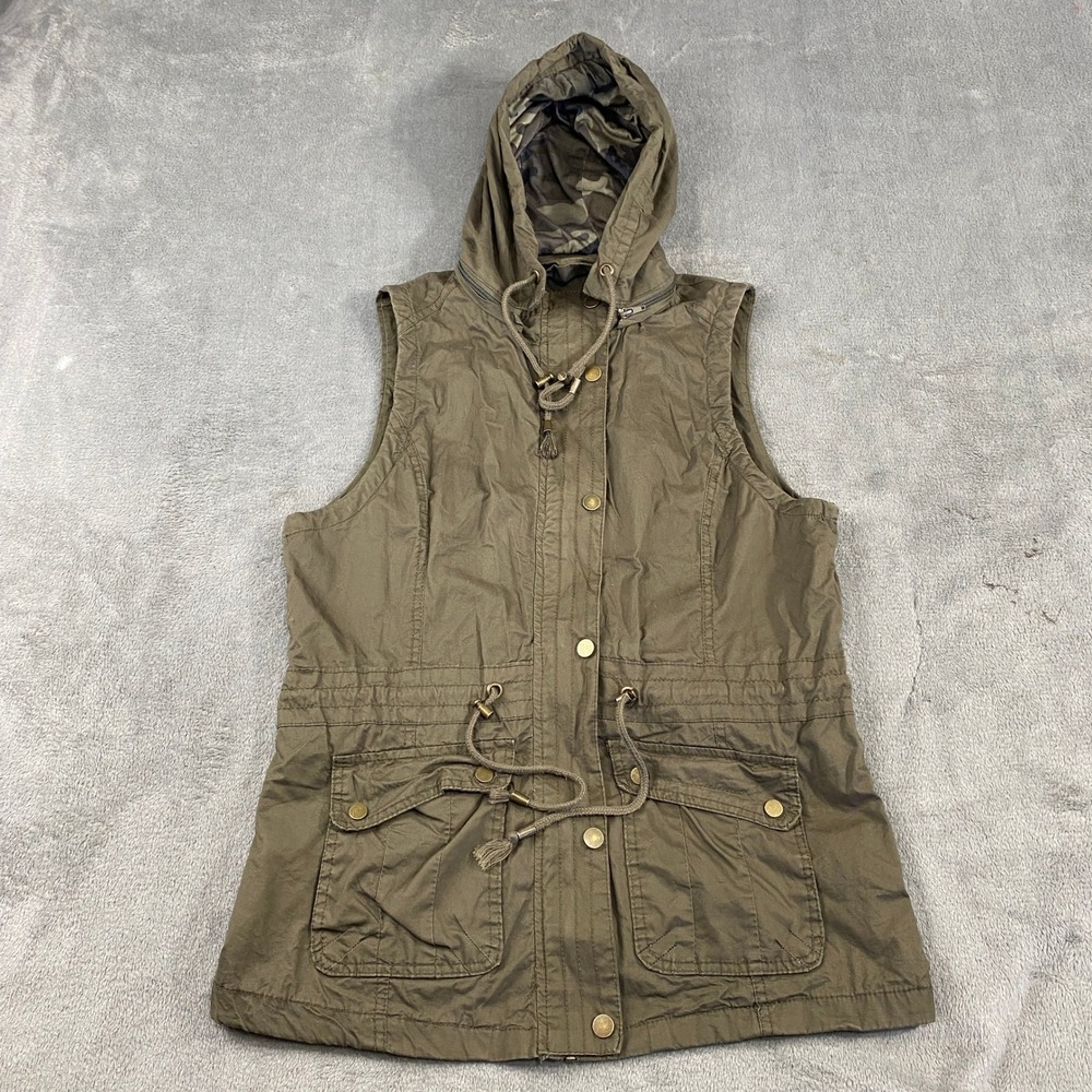 YMI Utility Vest Womens XL Olive Green Hood Camo Lined Cargo Tactical Grunge Y2K